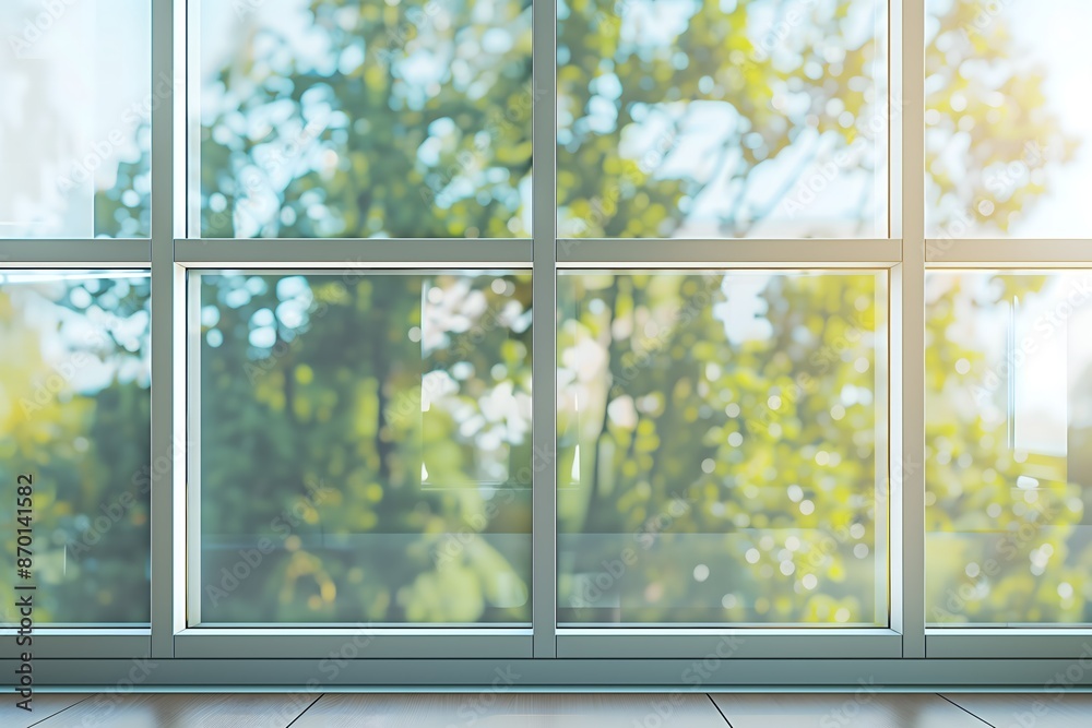 Naklejka premium A window with a tree outside. The tree is green and the sunlight is shining through the window