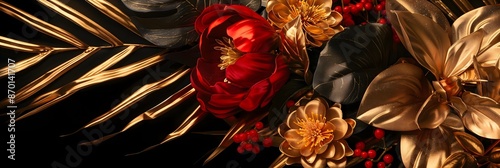 A gold and red flower arrangement with a black background