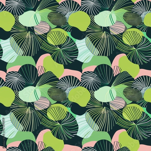 Seamless pattern, a combination of abstract shapes and lines, light green, neon green, dark green, mint and pink