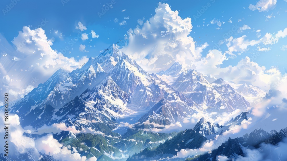 Fototapeta premium Snow-capped peaks with bright blue skies and white clouds.