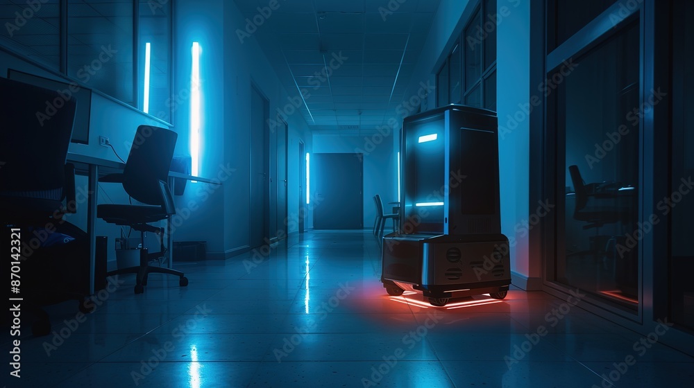 Night Shift: Lone Robot Security Guard Patrolling Dark, Empty Office with Spotlight Night Shift: Lone Robot Security Guard Patrolling Dark, Empty Office with Spotlight