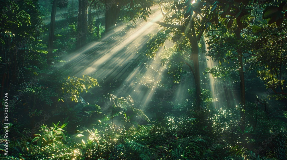 Naklejka premium A dense forest with sunlight streaming through, representing hope and the promise of a new day.