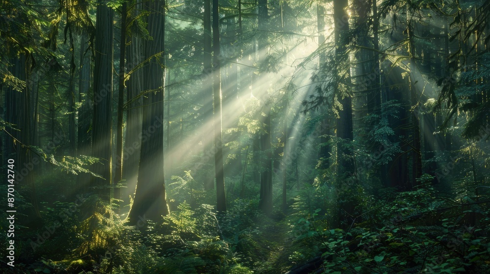 Obraz premium A dense forest with sunlight streaming through, representing hope and the promise of a new day.