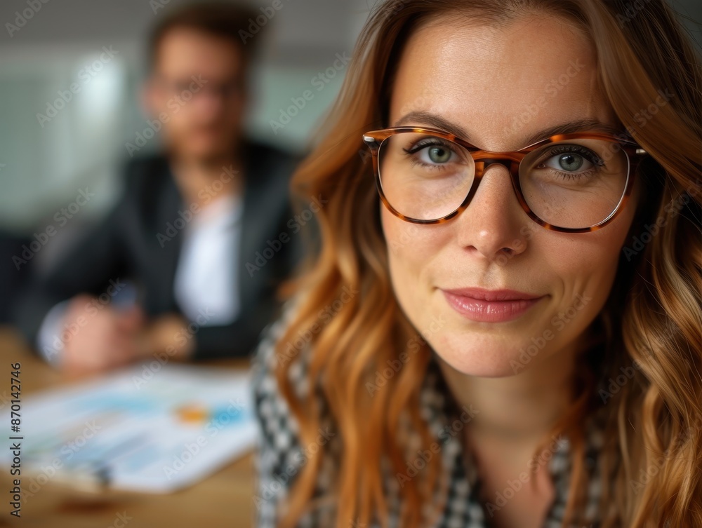 Confident Businesswoman with Glasses in Modern Office Setting, Colleague in Background, Professional Environment Confident Businesswoman with Glasses in Modern Office Setting, Colleague in Background, Professional Environment