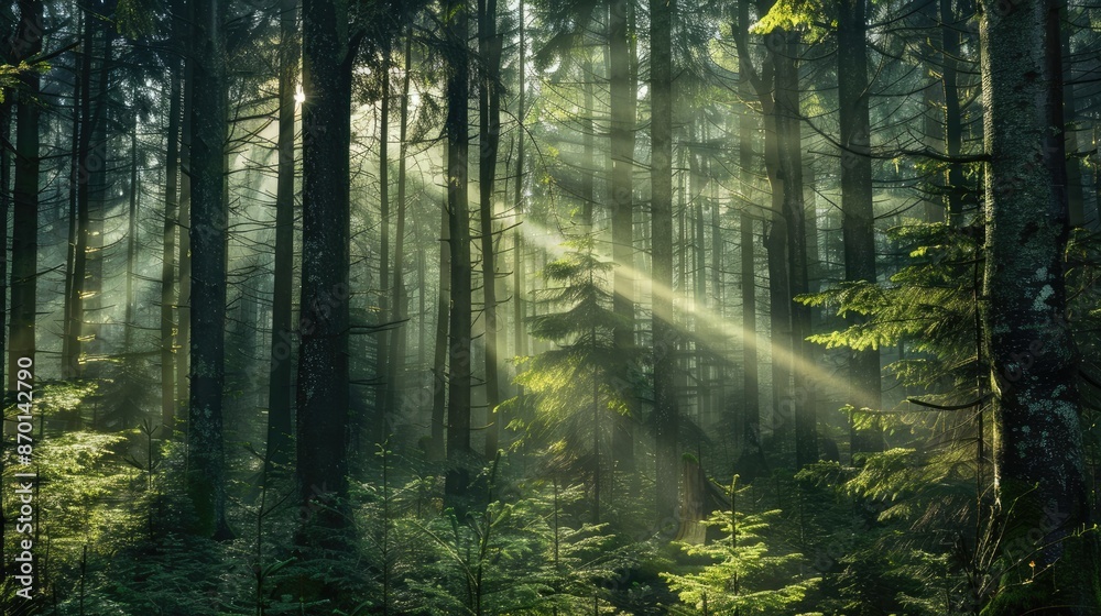 Fototapeta premium A dense forest with sunlight filtering through the trees, symbolizing hope and the promise of a new day.