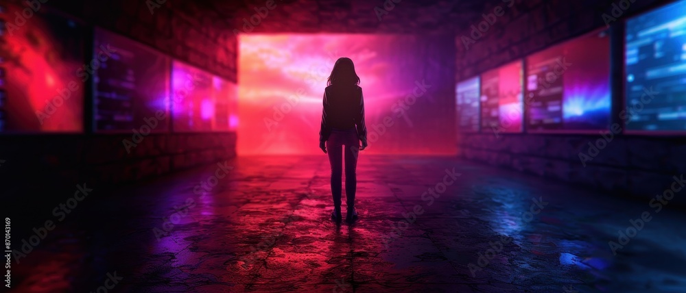 Silhouette of a Woman in a Futuristic Neon-Lit Corridor with Digital Screens and Abstract Background