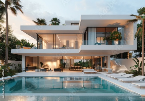 Modern Luxury Villa With Pool and Palm Trees at Sunset