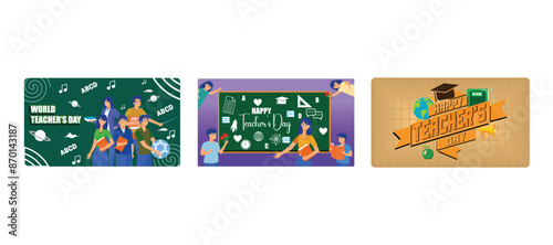 Celebration of world teachers day. Render of Scene for Teacher Day with Happy Teachers Day Text. Happy teachers day card best teacher ever concept. Set flat vector modern illustration