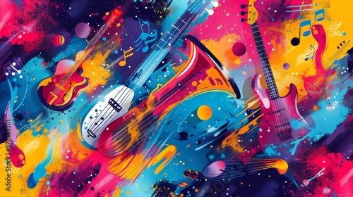 Music promotional poster with colorful instruments vector illustration. Artistic music background, music show, live concert events, party flyer design template photo