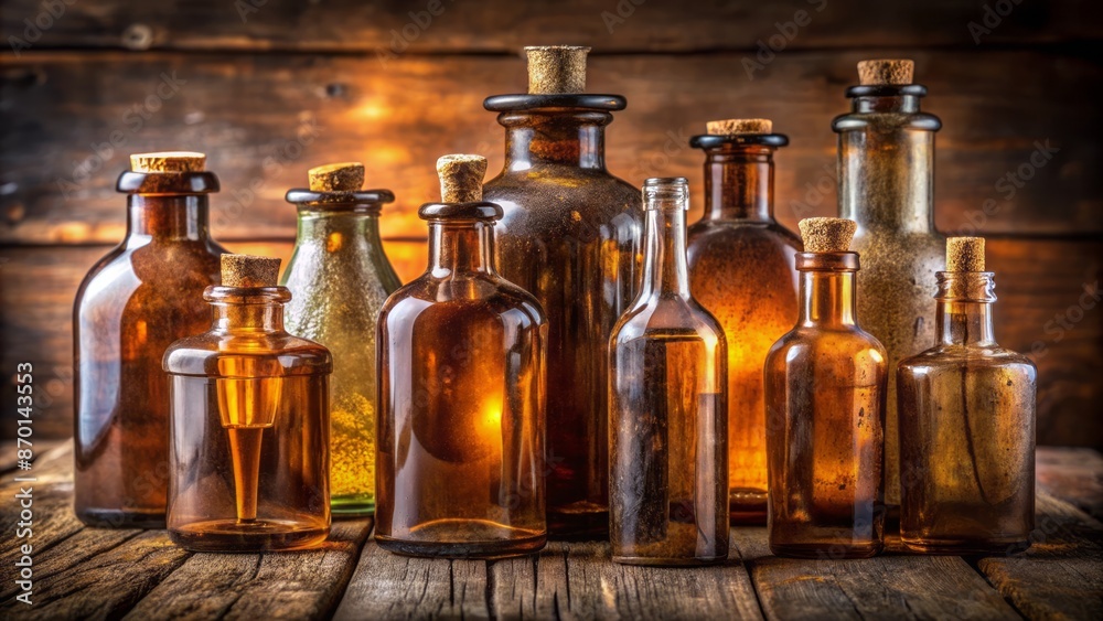 Old rustic brown glass bottles with cork stoppers and labels sitting on a worn wooden table in dim light. Old rustic brown glass bottles with cork stoppers and labels sitting on a worn wooden table in dim light.