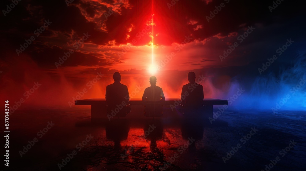 Silhouetted Figures in Dramatic Red and Blue Lighting with Atmospheric Sky and Water Reflection