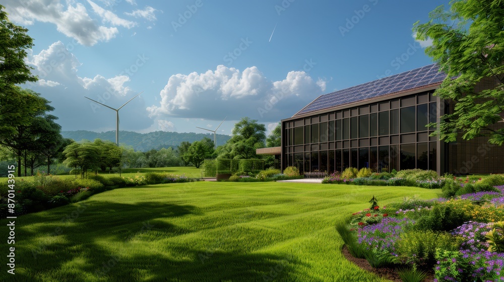 Naklejka premium Modern Eco-Friendly House with Solar Panels and Wind Turbines in a Lush Green Landscape