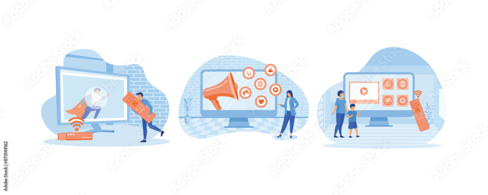 Network connected interactive device. Modern television technology metaphors set. Internet TV, broadcasting media. Set flat vector modern illustration Network connected interactive device. Modern television technology metaphors set. Internet TV, broadcasting media. Set flat vector modern illustration