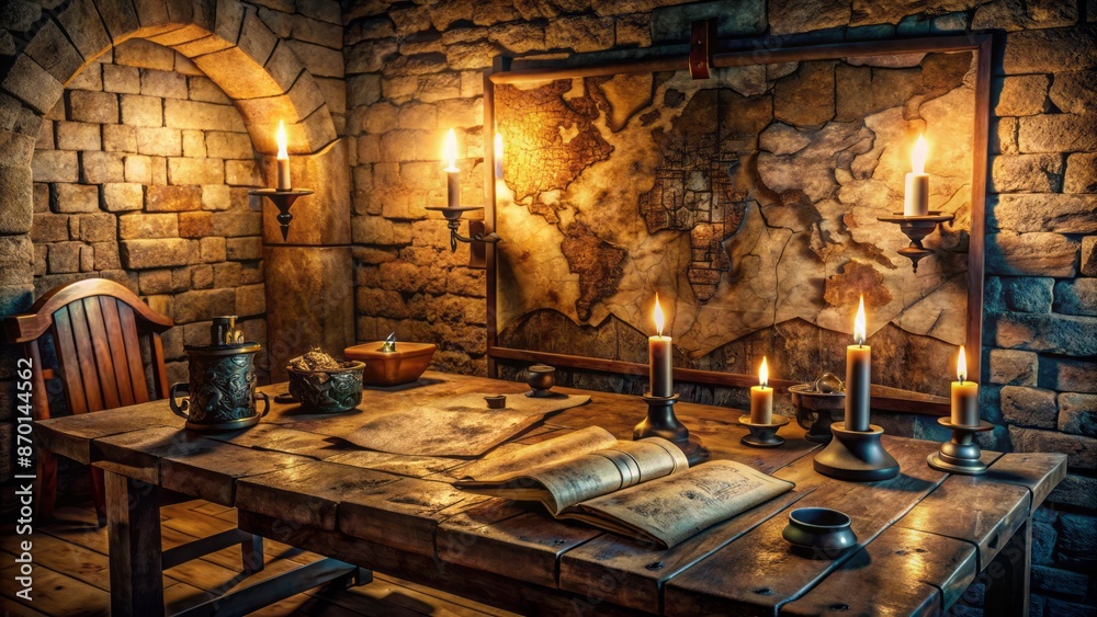 Dimly lit medieval stone chamber with ornate wooden table, scattered parchments, and intricately carved mystical artifacts, awaiting adventurers' arrival. Dimly lit medieval stone chamber with ornate wooden table, scattered parchments, and intricately carved mystical artifacts, awaiting adventurers' arrival.