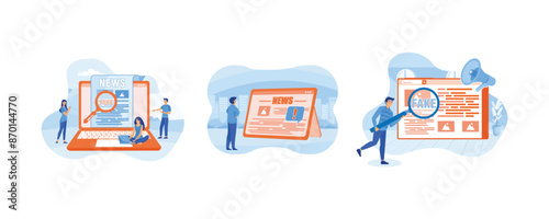 Fake news or fact scanning with magnifying glass. Online fake news or important news concept on daily digital tablet computer. Fake news or false information spreading on website. 