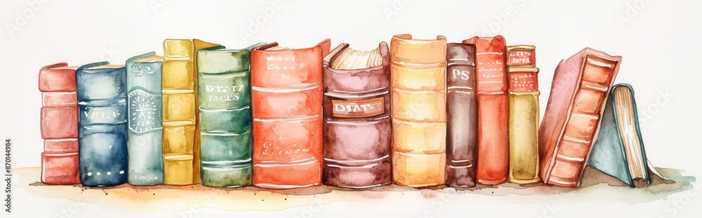 a set of Watercolor illustrations themed stack of books collection white background a set of Watercolor illustrations themed stack of books collection white background