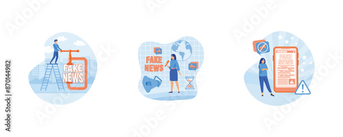 Stop fake news and misinformation spreading on internet and media concept. Misleading information. Fake news metaphors. Set flat vector modern illustration