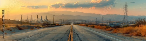 A panoramic view of a deserted highway at sunset, with industrial structures and mountains in the background.