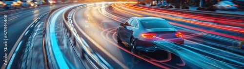 Dynamic image of a modern car driving fast on a highway at night, with vibrant light trails and motion blur creating a sense of speed and energy.