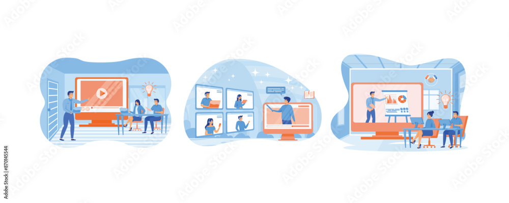 Professional training, education, video tutorial, online business courses, presentation. Online training concept. Online Training Conference for Office Workers. Set flat vector modern illustration Professional training, education, video tutorial, online business courses, presentation. Online training concept. Online Training Conference for Office Workers. Set flat vector modern illustration