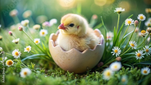 Adorable small yellow chicken peeks out of a colorful, hand-painted Easter eggshell, surrounded by soft green grass and tiny flowers.