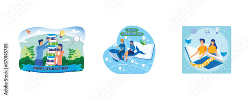 A boy and a girl are stacking up and collecting books to read together. Happy Literacy Day. Imagination Concept, Reading Books Becomes an Adventure. Set flat vector illustration