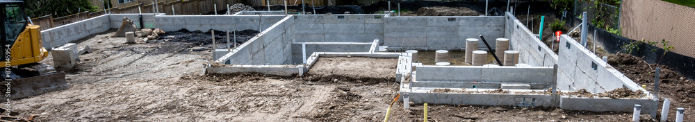 Beginnings of new residential home construction, dirt lot with cement foundation retaining walls and support pylons, as a building development background
Beginnings of new residential home construction, dirt lot with cement foundation retaining walls and support pylons, as a building development background