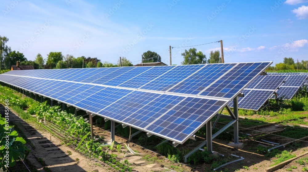 A farmer inspecting rows of solar panels in a rural agricultural setting with crops growing nearby. A farmer inspecting rows of solar panels in a rural agricultural setting with crops growing nearby.