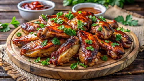 A Delicious Plate Of Bbq Chicken Wings With A Variety Of Dipping Sauces.
