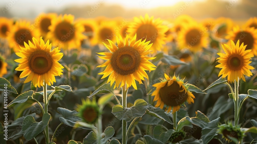 Fototapeta premium A field of sunflowers all facing towards the sun, symbolizing positivity and looking towards the light.