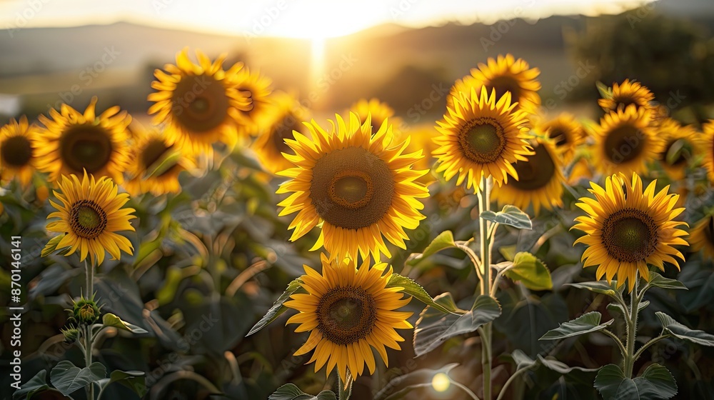A field of sunflowers all facing towards the sun, symbolizing positivity and looking towards the light. A field of sunflowers all facing towards the sun, symbolizing positivity and looking towards the light.