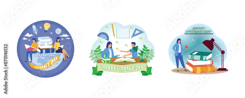 Happy Literacy Day. People celebrate international literacy day and happy student day by working on computers and reading books. 8th September Celebration of International Literacy Day. 