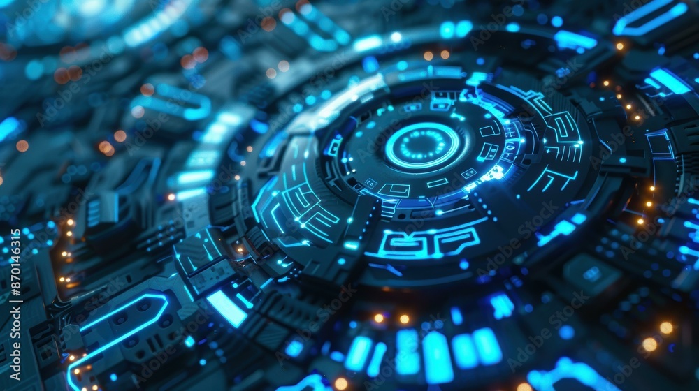 A high-tech user interface with blue and cyan LED lights, featuring digital control panels and futuristic design elements.