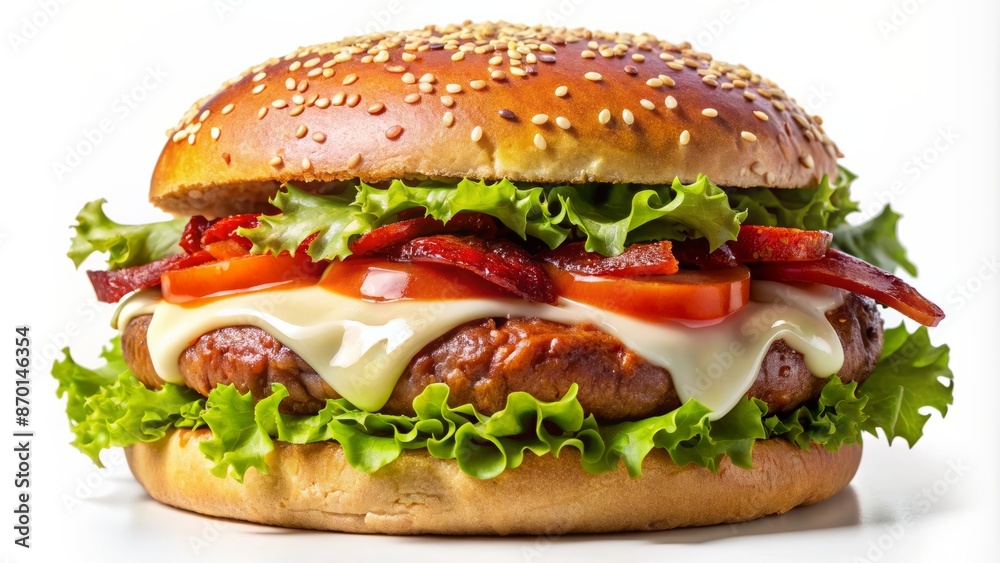 Juicy patty sandwiched between sesame-seed bun, topped with crispy bacon, melted cheese, lettuce, tomato, and creamy mayonnaise on transparent background. Juicy patty sandwiched between sesame-seed bun, topped with crispy bacon, melted cheese, lettuce, tomato, and creamy mayonnaise on transparent background.
