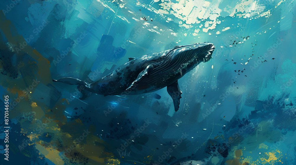 Fototapeta premium Artistic Style Painting of A Whale Swimming in the Ocean Aspect 16:9