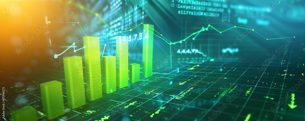 A vibrant green bar chart with a dynamic upward trend, set against a background of digital financial data, symbolizing growth and positive financial trends A vibrant green bar chart with a dynamic upward trend, set against a background of digital financial data, symbolizing growth and positive financial trends