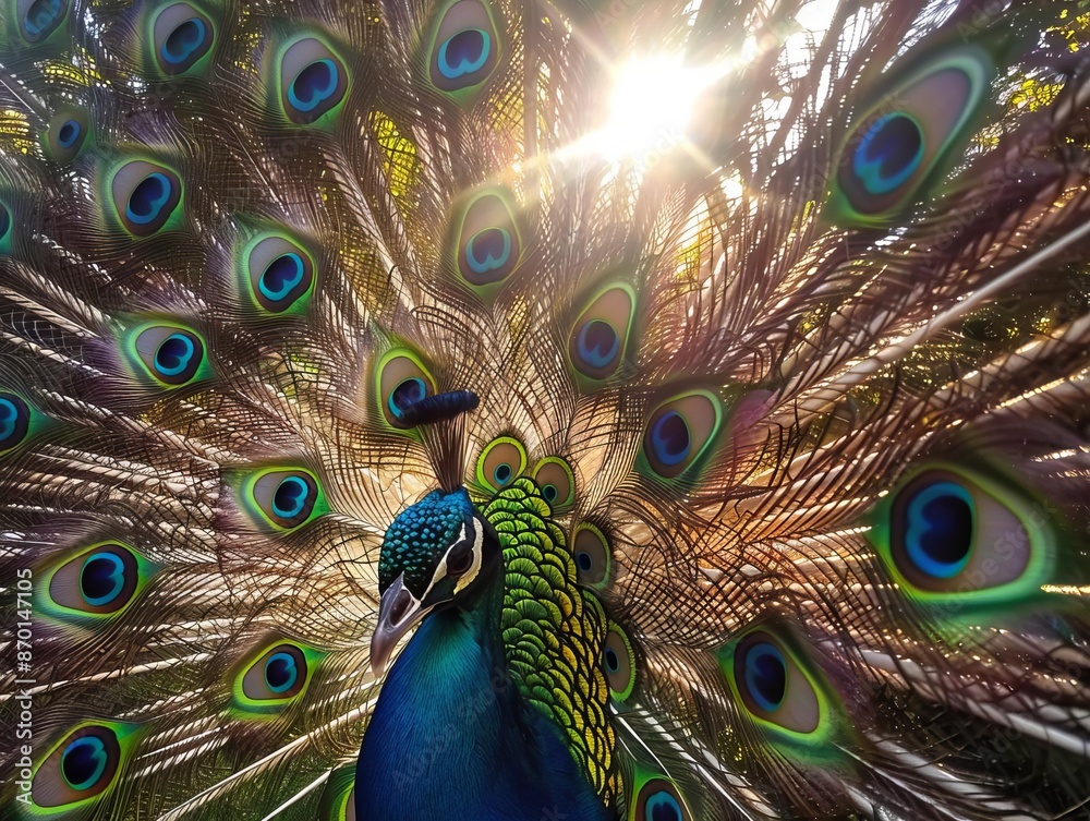 Fototapeta premium Closeup of peacock feathers with sunlight streaming through, highlighting their rich colors and intricate patterns