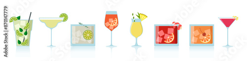 Set of popular classic cocktails. Different alcoholic drinks in various glasses. Vector illustration of soft and alcohol beverages.