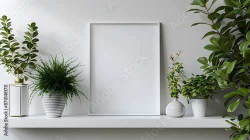 Mockup of a modern minimalist acrylic frame placed on a floating white shelf in a bright and airy home gym interior  Scandinavian inspired design with a clean crisp © Bos Amico