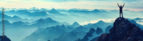 A silhouette of a hiker standing victoriously on a mountain peak, surrounded by a breathtaking panoramic view of majestic mountain ranges under a serene sky. photo