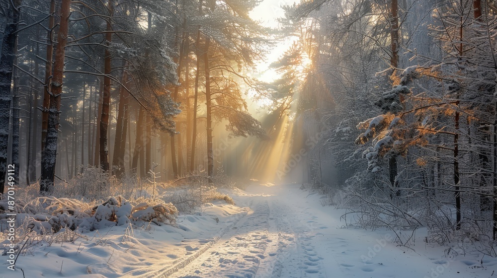 Beautiful winter forest scene with sunlight streaming through snow-covered trees, creating a serene and magical atmosphere. Beautiful winter forest scene with sunlight streaming through snow-covered trees, creating a serene and magical atmosphere.
