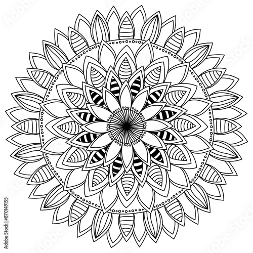 Abstract fanciful flower shaped mandala creative coloring page with striped petals for activity