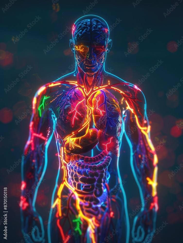 Human Anatomy with Glowing Organs and Vessels