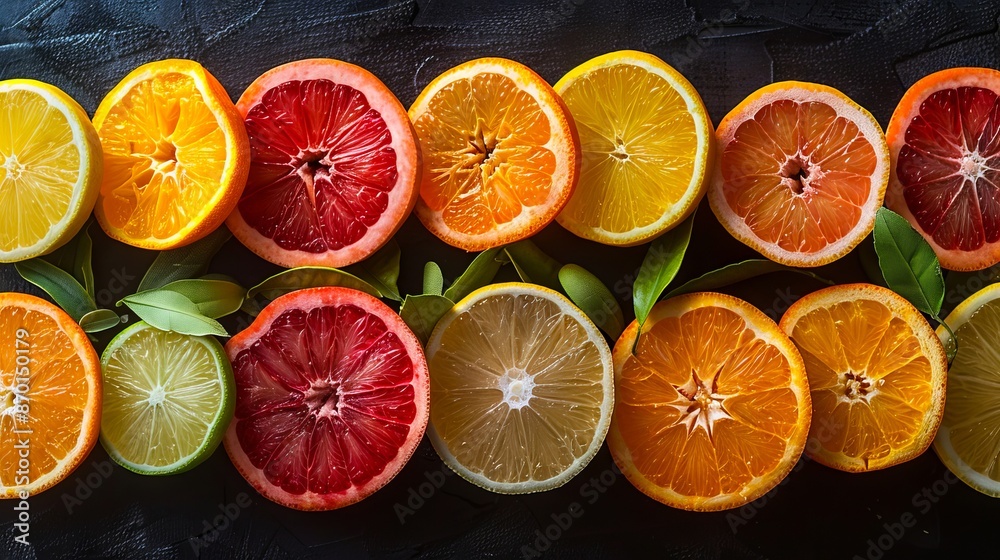 A row of oranges and grapefruits. A row of oranges and grapefruits.