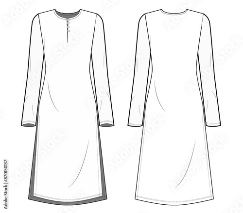  Round front opening button neck with Long Sleeve Side Slit Kurta Front and Back View. Fashion Illustration, Vector, CAD, Technical Drawing, Flat Drawing, Template, Mockup.