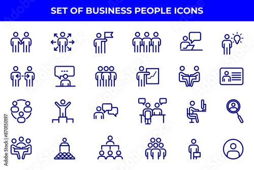 Simple Set of Business People Related Vector Line Icons. Contains such Icons as One-on-One Meeting, Workplace, Business Communication, Team Structure and more.
