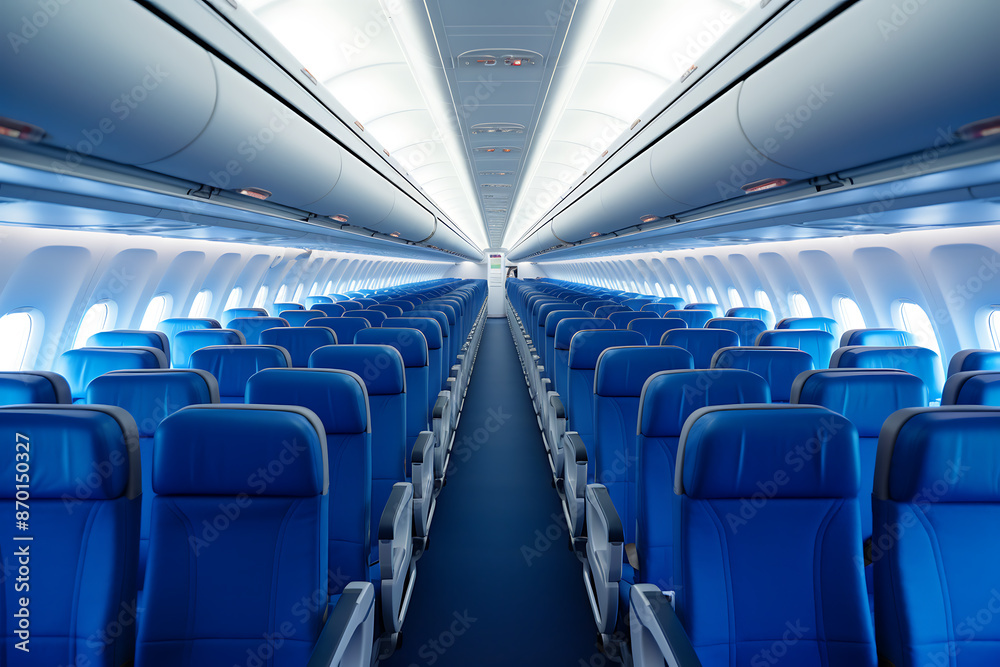 Fototapeta premium Interior of the airplane with blue seats and blue sky in the background
