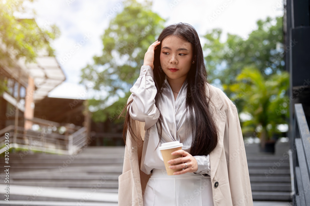 An attractive Asian businesswoman is walking down the stairs outdoors with her takeaway coffee cup. An attractive Asian businesswoman is walking down the stairs outdoors with her takeaway coffee cup.