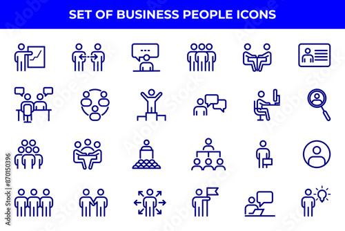 Simple Set of Business People Related Vector Line Icons. Contains such Icons as One-on-One Meeting, Workplace, Business Communication, Team Structure and more.