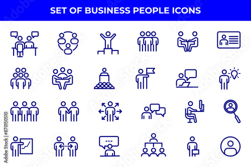 Simple Set of Business People Related Vector Line Icons. Contains such Icons as One-on-One Meeting, Workplace, Business Communication, Team Structure and more.
